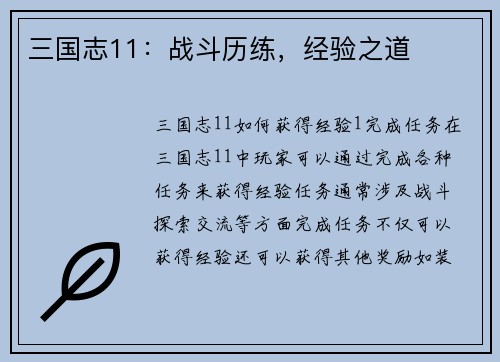 三国志11：战斗历练，经验之道
